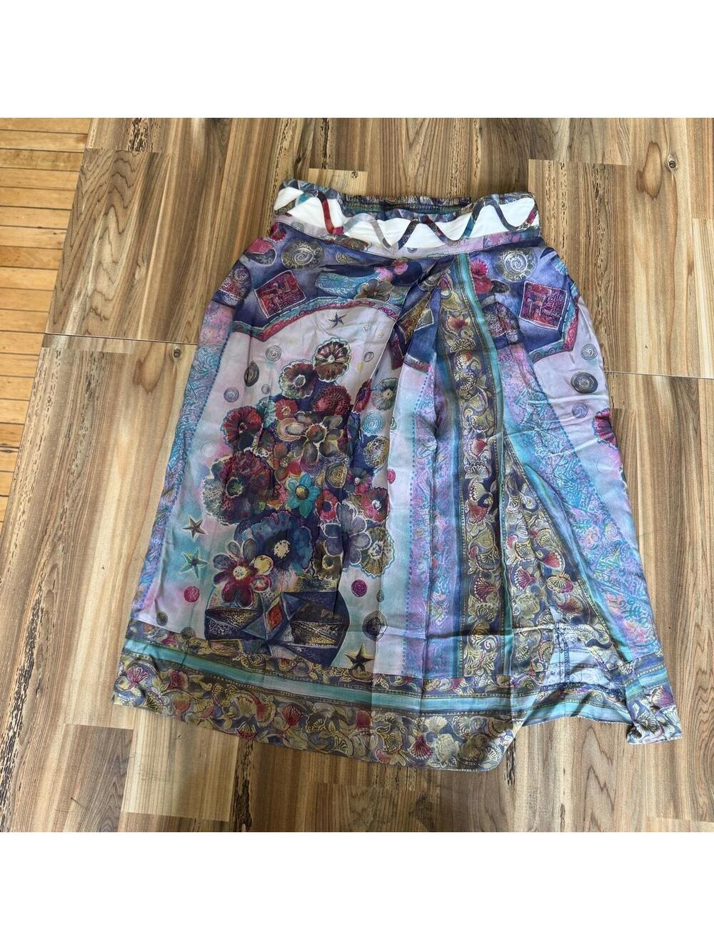 Componix silk skirt with floral and paisley print in purple, blue, and gold